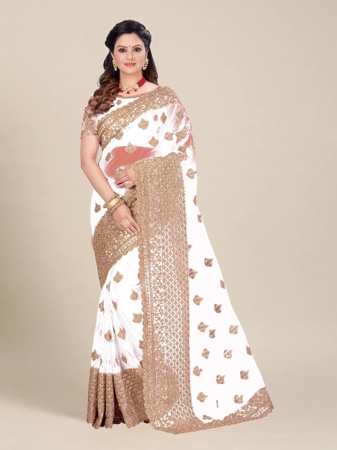 

MS RETAIL White & Gold-Toned Embellished Embroidered Net Heavy Work Saree