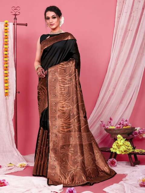 

ZIKARAA Black & Copper-Toned Woven Design Zari Pure Silk Banarasi Saree