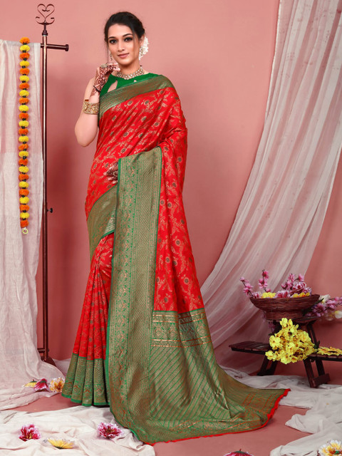 

ZIKARAA Red & Green Woven Design Zari Pure Silk Banarasi Saree