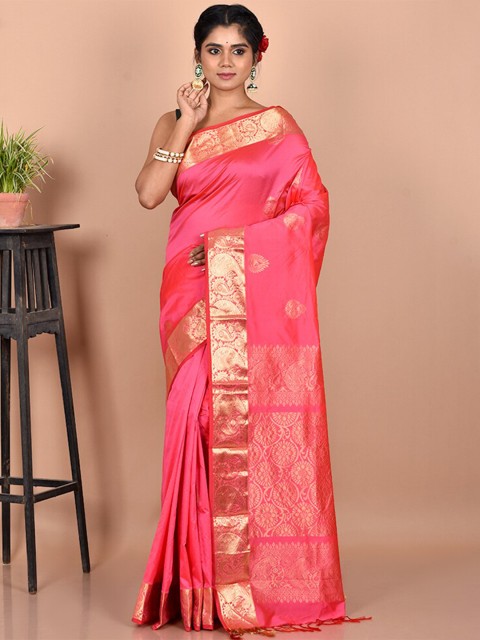 

AllSilks Pink & Gold-Toned Woven Design Zari Silk Blend Kanjeevaram Saree