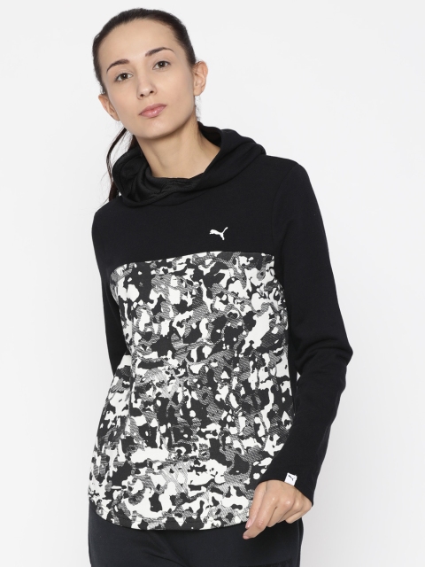 

Puma Women Black & White Printed Hooded Sweatshirt