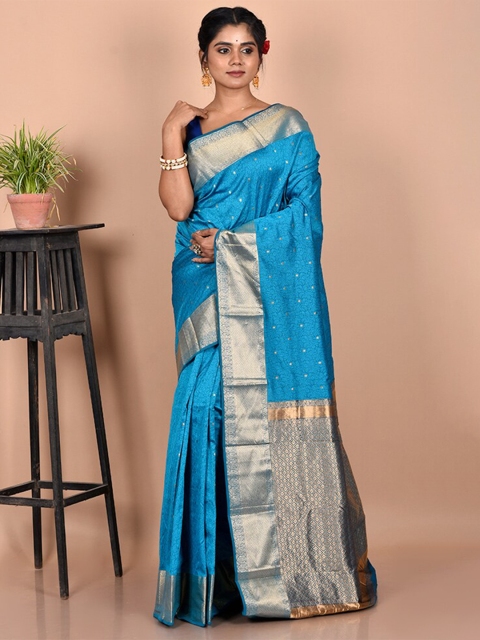 

AllSilks Blue & Gold-Toned Woven Design Zari Silk Blend Kanjeevaram Saree