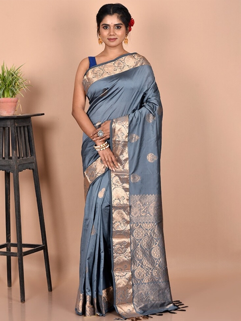 

AllSilks Grey & Gold-Toned Woven Design Zari Silk Blend Kanjeevaram Saree