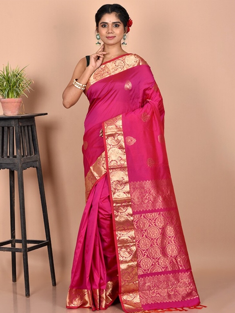 

AllSilks Pink & Gold-Toned Woven Design Zari Silk Blend Kanjeevaram Saree