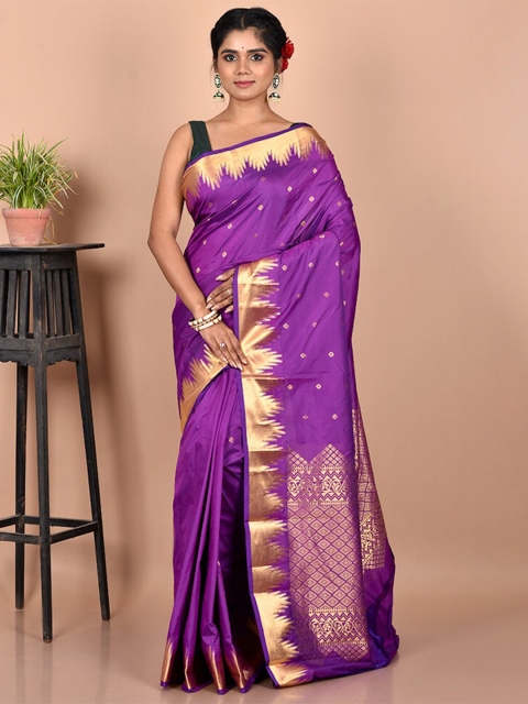 

AllSilks Purple & Gold-Toned Woven Design Zari Silk Blend Kanjeevaram Saree