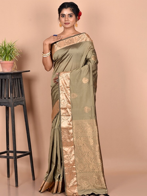 

AllSilks Olive Green & Gold-Toned Woven Design Zari Silk Blend Kanjeevaram Saree