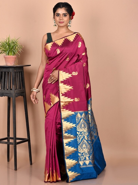 

AllSilks Red & Blue Woven Design Zari Silk Blend Kanjeevaram Saree