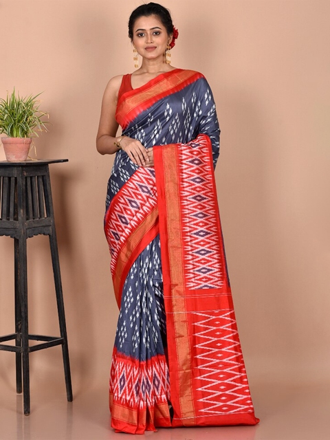 

AllSilks Grey & Red Zari Pure Silk Pochampally Saree