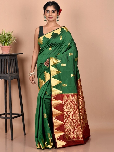 

AllSilks Green & Maroon Woven Design Zari Silk Blend Kanjeevaram Saree