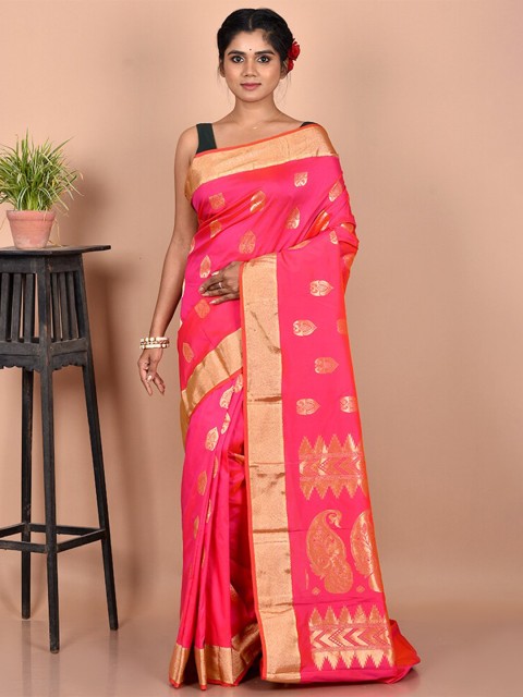 

AllSilks Pink & Gold-Toned Woven Design Zari Silk Blend Kanjeevaram Saree