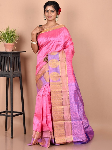 

AllSilks Pink & Purple Woven Design Zari Silk Blend Kanjeevaram Saree