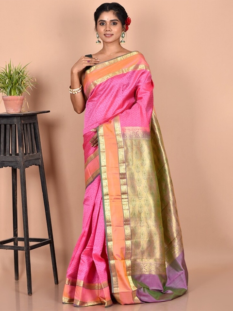 

AllSilks Pink & Orange Woven Design Zari Silk Blend Kanjeevaram Saree