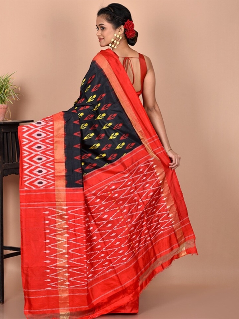 

AllSilks Black & Red Zari Pure Silk Pochampally Saree