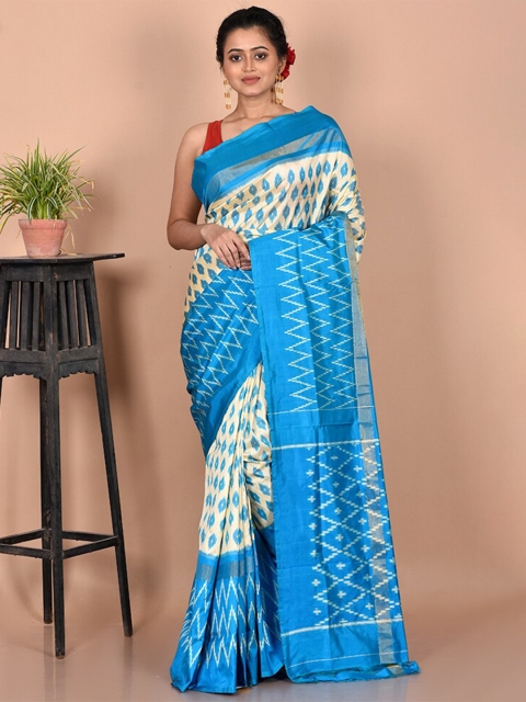 

AllSilks Cream-Coloured & Blue Zari Pure Silk Pochampally Saree