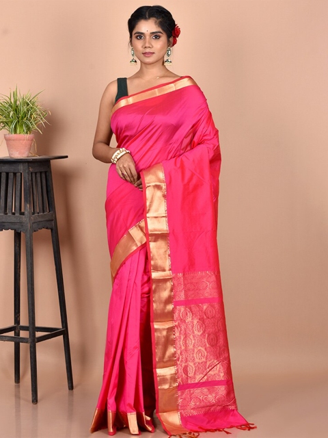 

AllSilks Pink & Gold-Toned Zari Silk Blend Kanjeevaram Saree