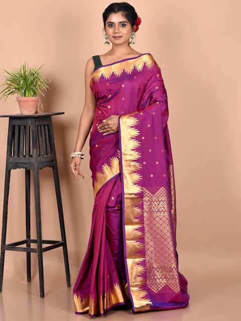 

AllSilks Purple & Gold-Toned Woven Design Zari Silk Blend Kanjeevaram Saree
