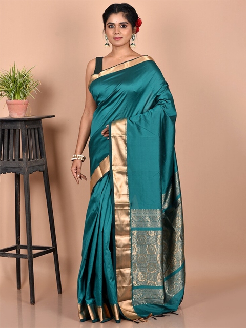 

AllSilks Green & Gold-Toned Zari Silk Blend Kanjeevaram Saree