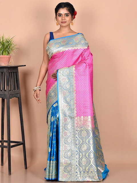 

AllSilks Pink & Blue Woven Design Zari Silk Blend Kanjeevaram Saree