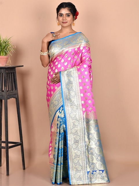 

AllSilks Pink & Blue Woven Design Zari Silk Blend Kanjeevaram Saree