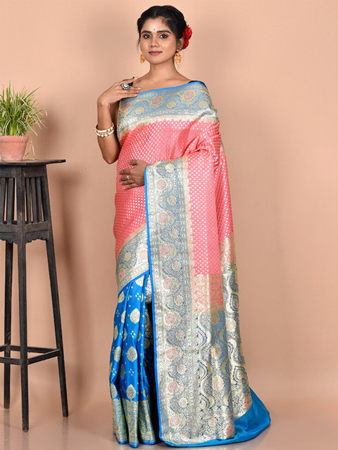 

AllSilks Pink & Blue Woven Design Zari Silk Blend Kanjeevaram Saree