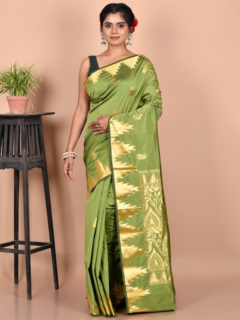 

AllSilks Green & Gold-Toned Woven Design Zari Silk Blend Kanjeevaram Saree