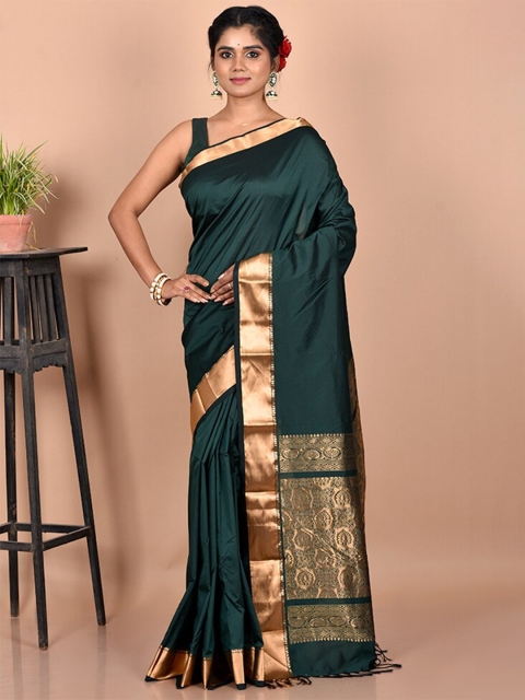 

AllSilks Green & Gold-Toned Zari Silk Blend Kanjeevaram Saree