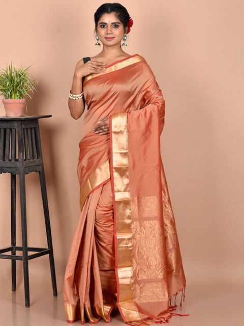 

AllSilks Peach-Coloured & Gold-Toned Zari Silk Blend Kanjeevaram Saree