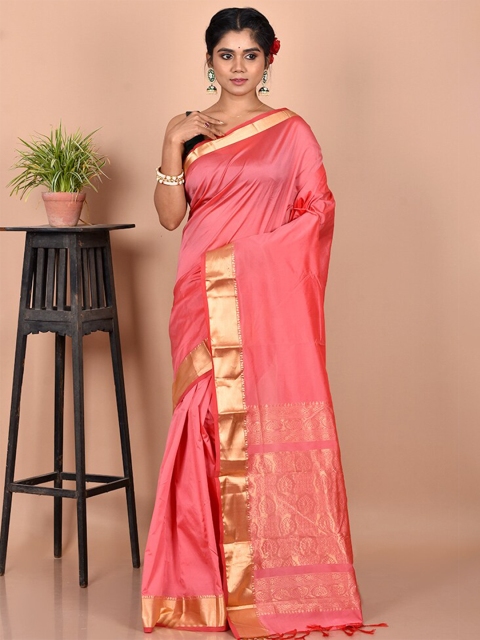 

AllSilks Pink & Gold-Toned Zari Silk Blend Kanjeevaram Saree