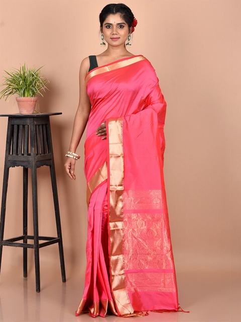 

AllSilks Pink & Gold-Toned Zari Silk Blend Kanjeevaram Saree