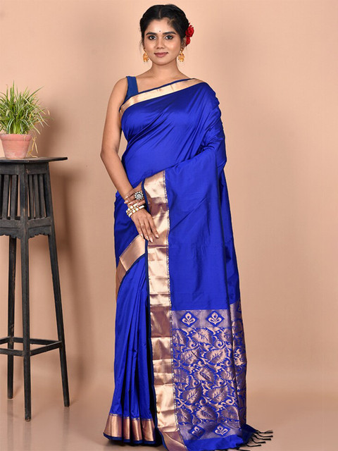 

AllSilks Blue & Gold-Toned Zari Silk Blend Kanjeevaram Saree