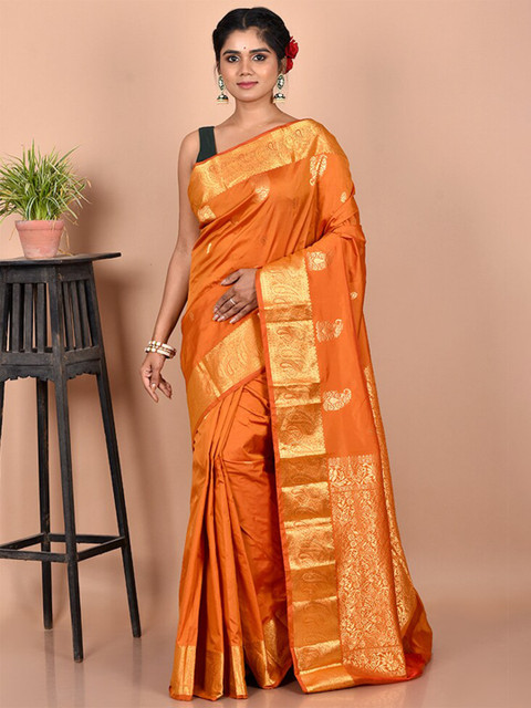 

AllSilks Rust & Gold-Toned Woven Design Zari Silk Blend Kanjeevaram Saree