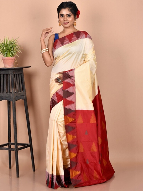 

AllSilks Cream-Coloured & Red Silk Blend Kanjeevaram Saree
