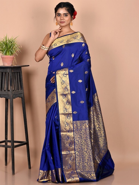 

AllSilks Blue & Gold-Toned Woven Design Zari Silk Blend Kanjeevaram Saree