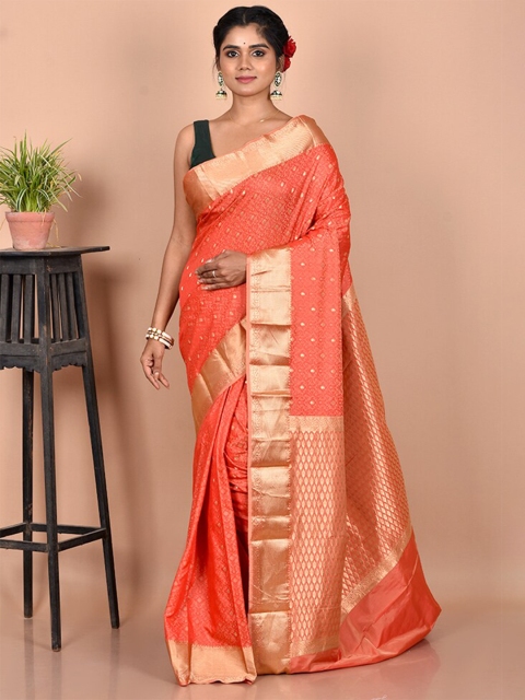 

AllSilks Peach-Coloured & Gold-Toned Woven Design Zari Silk Blend Kanjeevaram Saree