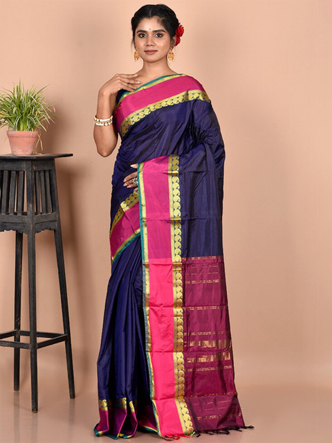 

AllSilks Navy Blue & Pink Zari Silk Blend Kanjeevaram Saree