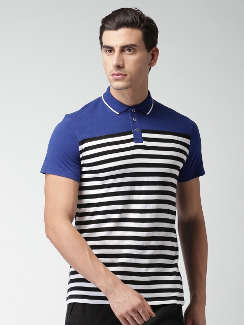 

INVICTUS Men Blue & White Striped Slim Fit Polo Collar T-shirt