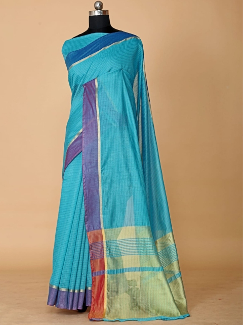 

BESUCHER Blue & Purple Striped Zari Silk Cotton Banarasi Saree