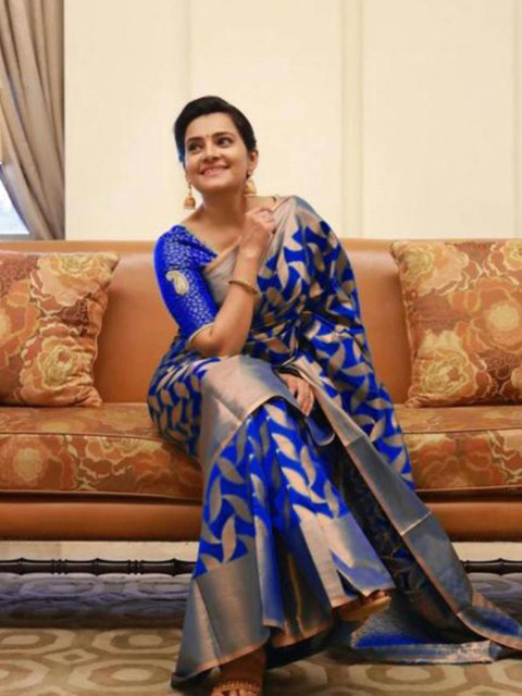 

BESUCHER Blue & Gold-Toned Woven Design Zari Art Silk Banarasi Saree