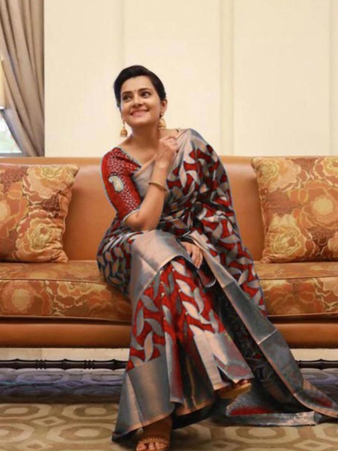 

BESUCHER Maroon & Grey Woven Design Zari Art Silk Banarasi Saree
