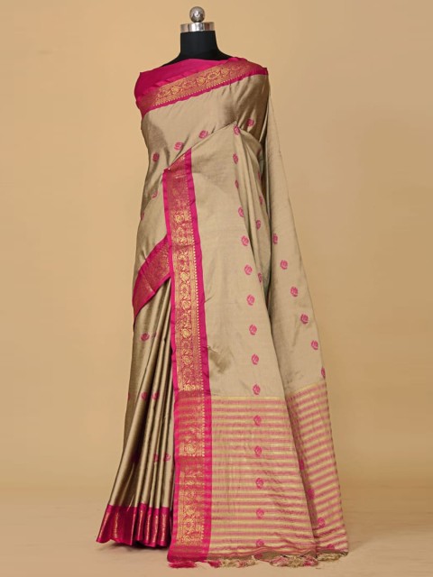 

BESUCHER Cream-Coloured & Red Woven Design Zari Silk Cotton Banarasi Saree