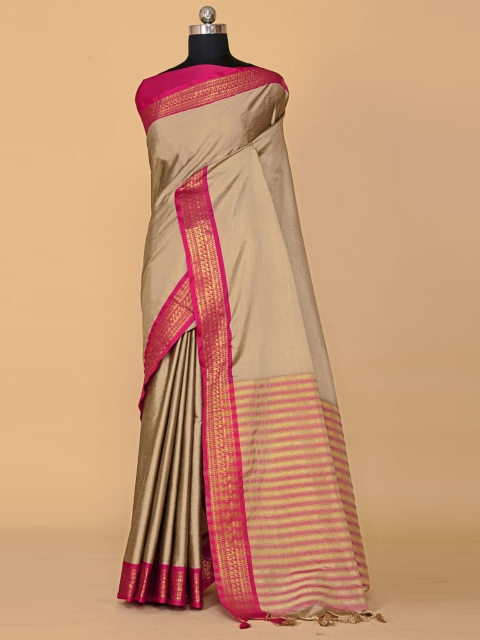 

BESUCHER Cream-Coloured & Pink Zari Silk Cotton Banarasi Saree