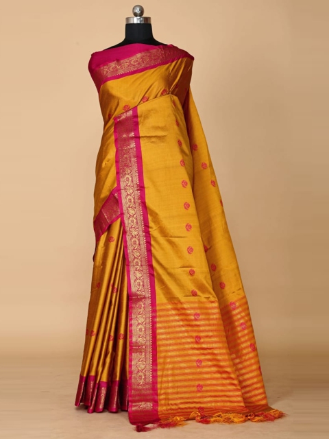

BESUCHER Mustard & Red Woven Design Zari Silk Cotton Banarasi Saree
