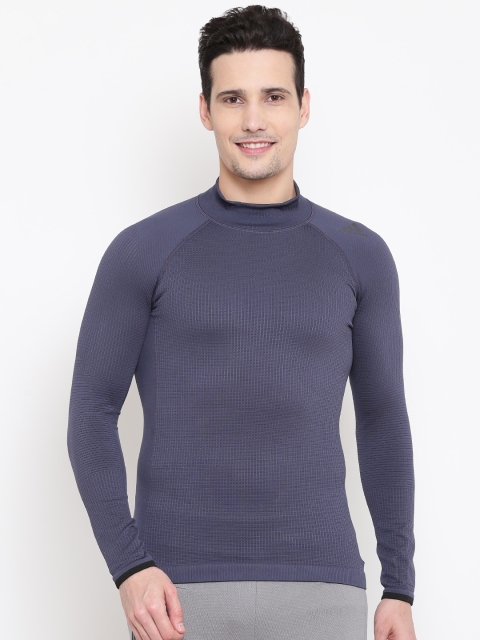 

ADIDAS Men Navy TechFit LonfSleeve ClimaHeat MocK Self-Design High Neck T-shirt, Navy blue