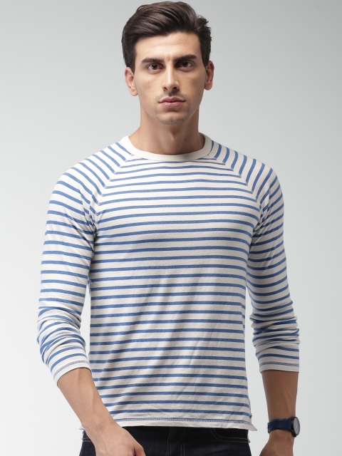

Scotch & Soda Men White & Blue Striped Round Neck T-shirt