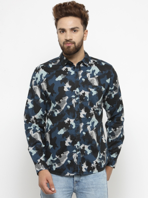 

SF JEANS by Pantaloons Men Navy & Black Camouflage Print Casual Shirt, Navy blue