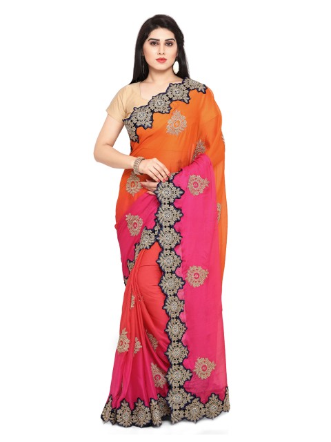 

Colors Orange & Pink Satin Embroidered Saree