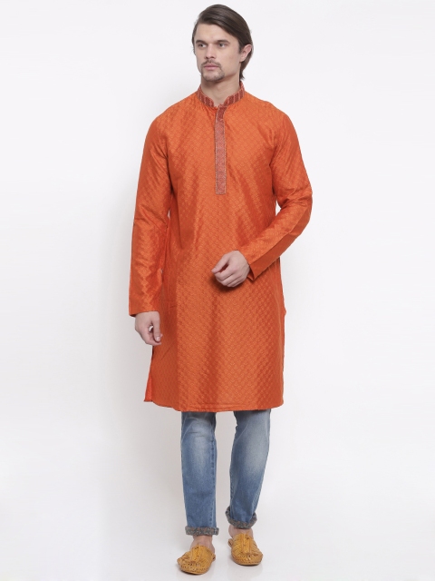 

indus route by Pantaloons Men Orange Woven Design Straight Kurta