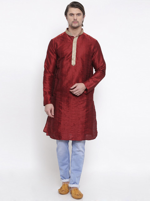 

indus route by Pantaloons Men Maroon Self-Striped A-Line Kurta