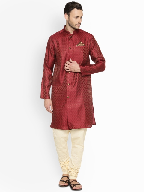 

indus route by Pantaloons Men Maroon Woven Design Straight Kurta