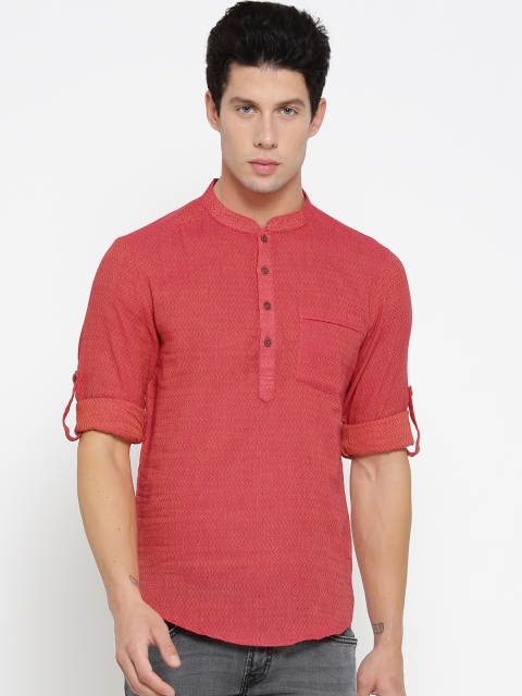 

indus route by Pantaloons Men Coral Pink Woven Design Straight Kurta